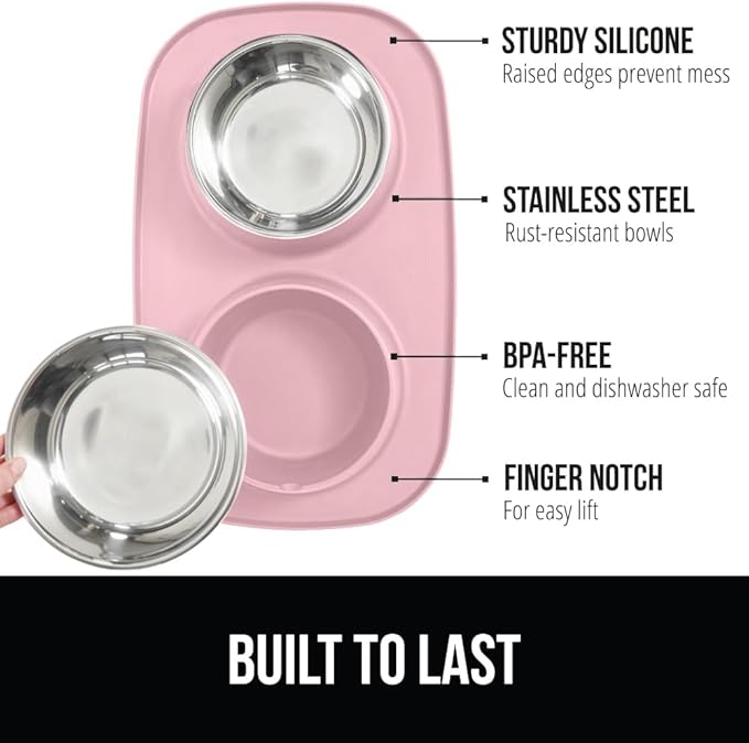 GORILLA GRIP Patent Pending 100% Waterproof BPA Free Cat and Dog Bowls Silicone Feeding Mat Set, Stainless Steel Bowl Slip Resistant Raised Edges, Catch Water, Food, Pet Accessories, 1 Cup, Light Pink