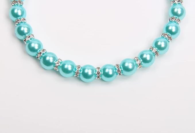 Dog Cat Pearls Necklace Collar with Bling Accessories and Ribbon Bow Pet Puppy Jewelry for Female Dogs Cats Small Medium (XL, Blue)