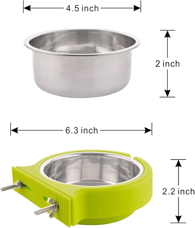 Crate Dog Bowl Removable Stainless Steel Water Food Feeder Bowls Cage Coop Cup for Cat Puppy Bird Pets (Small, Green with Corrugated Clip)