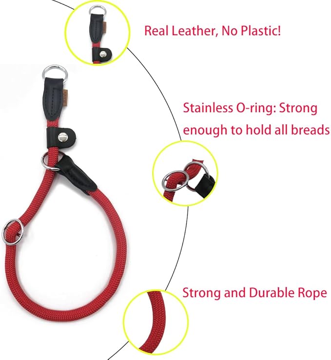 Braided Rope Collar, Training Dog Collar, Round Martingale Collar, Slip Collar with Adjustable Stopper and Slidable Stop Ring - Ideal for Large Dogs (L(1/2") - 20" Long, Red)