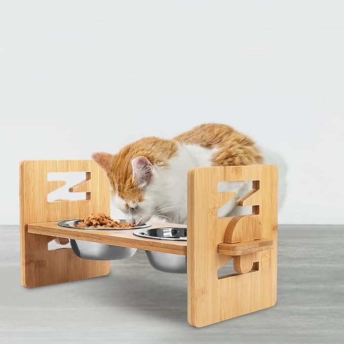 Elevated Dog Bowls, Adjustable Raised Tilted French Bulldog Food Water Bowl, Slanted Bamboo Pet Feeding Station with Stainless Steel Bowl for Small & Medium Dogs, Cat Kitten Flat Faced Puppy Feeder