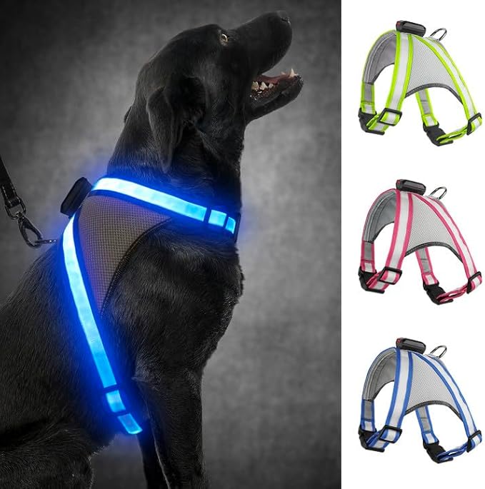 Visinite LED Dog Harness, USB Rechargeable Light Up Dog Harness Vest, 2 Illuminate Modes Glow in The Dark Dog Harness, Adjustable Lighted Dog Harness Light for Night Walking Safety