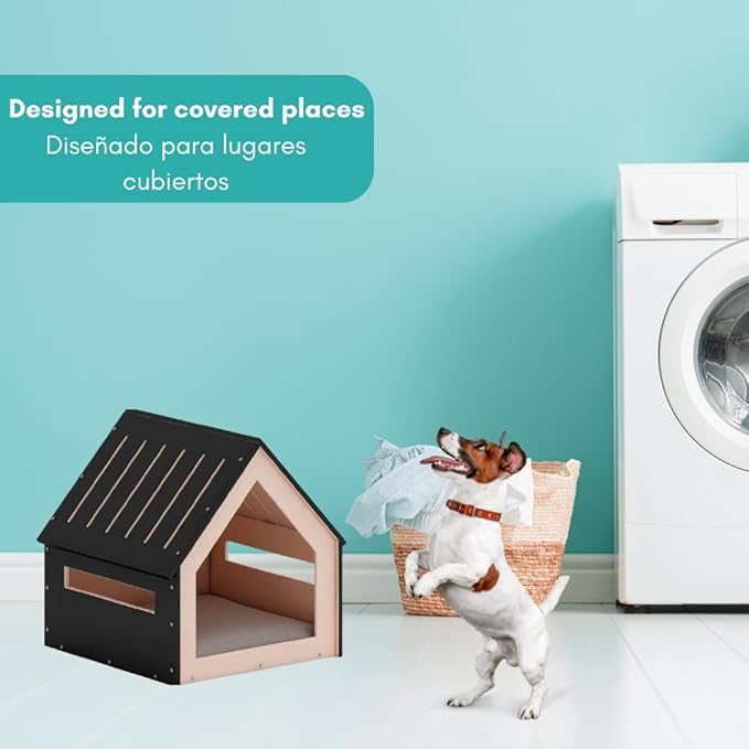 Big House for Pets, Wooden House for Pets for Interiors, Resistant Wood with Cushion for Dog Included, Minimalist, Elegant and Resistant, 24x25x24.5 in, Black