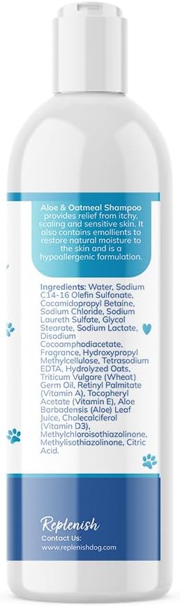 Replenish Aloe and Oatmeal Dog Shampoo -โฏHypoallergenic Pet ShampooโฏforโฏAllergies & Sensitive Skin, Medicated Dog Shampoo for Itching Relief &โฏOatmeal Bath for Dogs Dry Flaky Skin Treatment โ 12 Oz