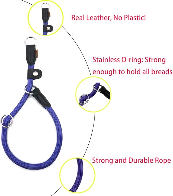Braided Rope Collar, Training Dog Collar, Round Martingale Collar, Slip Collar with Adjustable Stopper and Slidable Stop Ring - Ideal for Medium Dogs (M(1/3") - 18" Long, Purple)