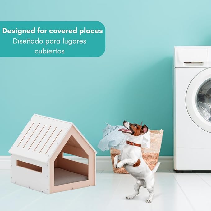 Big House for Pets, Wooden House for Pets for Interiors, Resistant Wood with Cushion for Dog Included, Minimalist, Elegant and Resistant, 24x25x24.5 in, Matte White