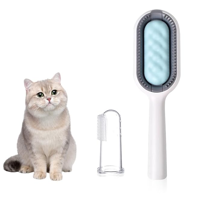 Cat Hair Brush 4 in 1, Pet Hair Removal Comb Universal Pet Knots Remover Multifunctional Dog Cleaning Brushes with Finger Cover for Short-Hair Pets Grooming Matted Fur (Blue)