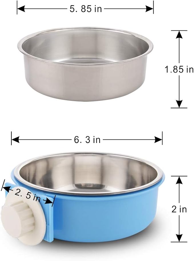 Crate Dog Bowl Removable Stainless Steel Water Food Feeder Bowls Cage Coop Cup for Cat Puppy Bird Pets (Large, Blue)