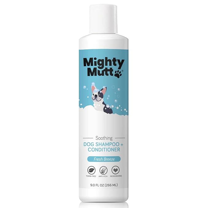 Mighty Mutt Soothing Dog Shampoo and Conditioner + Brush Bundle | Fresh Breeze (9 fl oz) | Deodorizes Smelly Dogs | Detangles | Natural, Hypoallergenic & Anti-Itch Dog Shampoo Sensitive Skin