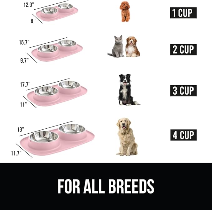 GORILLA GRIP Patent Pending 100% Waterproof BPA Free Cat and Dog Bowls Silicone Feeding Mat Set, Stainless Steel Bowl Slip Resistant Raised Edges, Catch Water, Food, Pet Accessories, 1 Cup, Light Pink