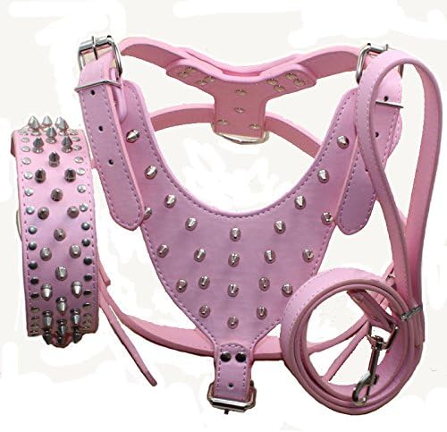 Leather Spiked Studded Harnesses, Collars & Leashes 3Pcs Matching Set for Medium & Large Dogs Pitbull,Mastiff, Boxer, Bull Terrier (Pink, XL)