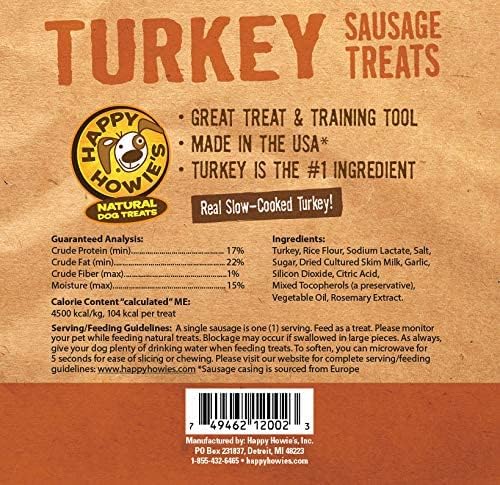 Happy Howie's Natural Dog Treats - Healthy Dog Treats & Training Tool, Real Turkey & Natural Ingredients, Made in The USA, Hormone Free, No Artificial Ingredients - Turkey Sausage Links, (13 Pack)