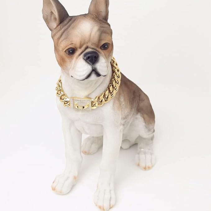 New Gold Chain Dog Collar with Bling Cubic Zirconia Secure Clasp,15MM Strong Stainless Steel Cuban Link Chain Collars,Luxury Necklace Walking Collar for Small Medium Dogs