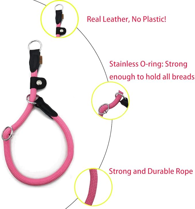 Braided Rope Collar, Training Dog Collar, Round Martingale Collar, Slip Collar with Adjustable Stopper and Slidable Stop Ring - Ideal for Extra Large Dogs (XL(1/2") - 24" Long, Pink)