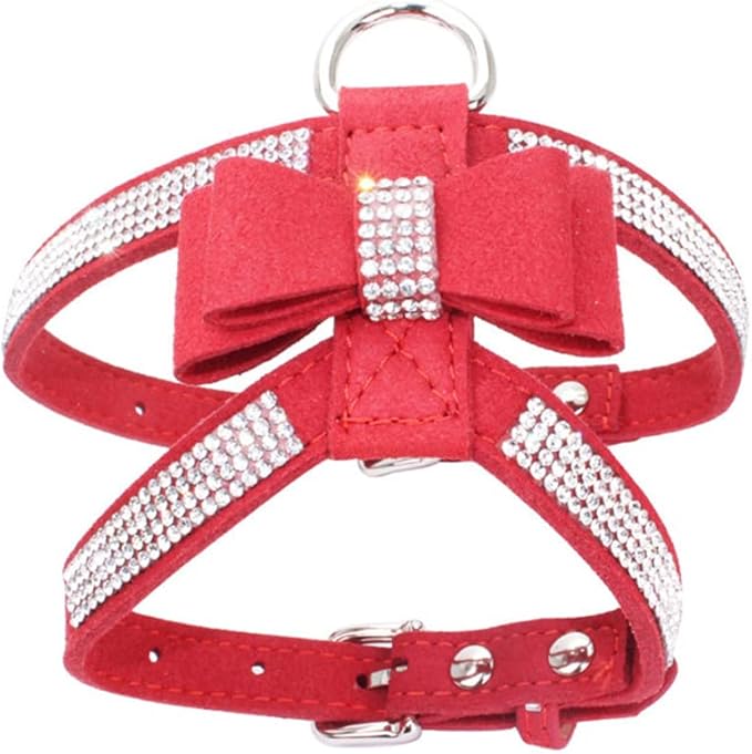 Weimostar Bow Tie Dog Harness Rhinestone Crystal Soft Bling Sparkly Diamond Jewel for XS Small Breed Girls Pet Cat Puppy Female Kitten Red XS