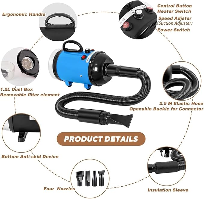 Dog Dryer, Dog Blow Dryer, High Velocity Professional Pet Grooming Vacuum, Dog Hair Dryer with Heater, Stepless Adjustable Speed, 3 Different Nozzles and a Comb for Home, Pet Washing Station, Travel