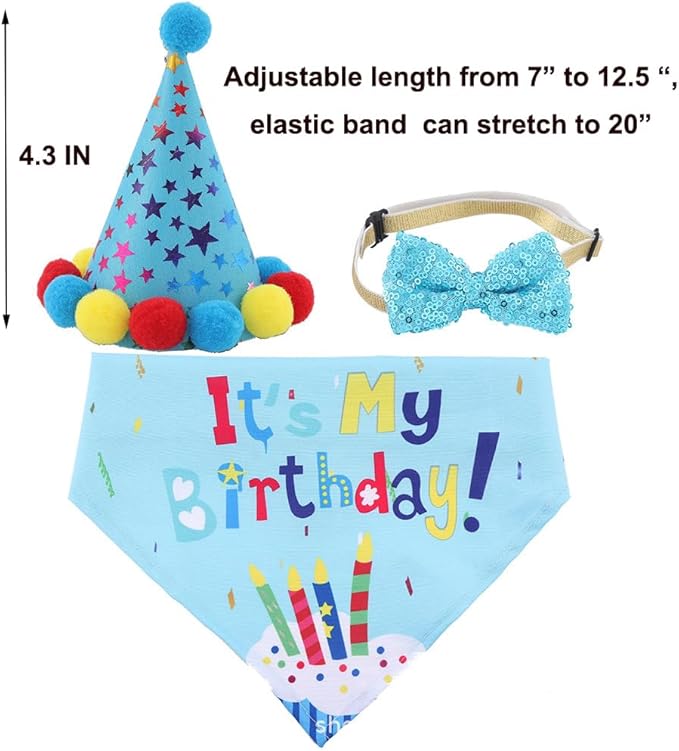 Dog Boy Birthday Party Outfits,Birthday Hat, Bow Tie, Bandana, Happy Birthday Banner,Puppy Pet Theme Decorations Suit for Golden Doodle Teddy Husky Labrador (4PCS Blue)