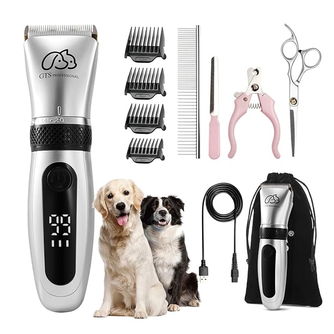 GTS Pet Clippers Professional Dog Grooming kit Adjustable Low Noise High Power Rechargeable Cordless Pet Grooming Tools, Hair Trimmers for Dogs and Cats, Washable(IPX5, with LED Display.