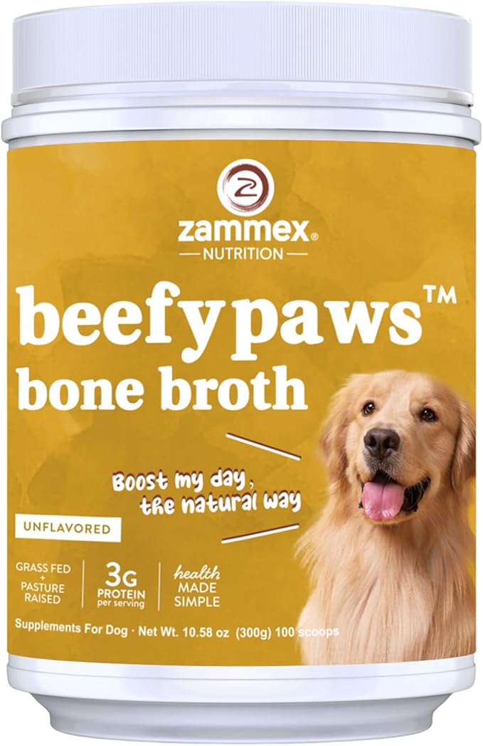 Zammex Bone Broth for Dogs, Grass Fed Beef Bone Broth Protein Powder - Supports Joints and Bone, Enhances Fur, Dogs & Cats Food Toppers for Dry & Wet 10.58oz