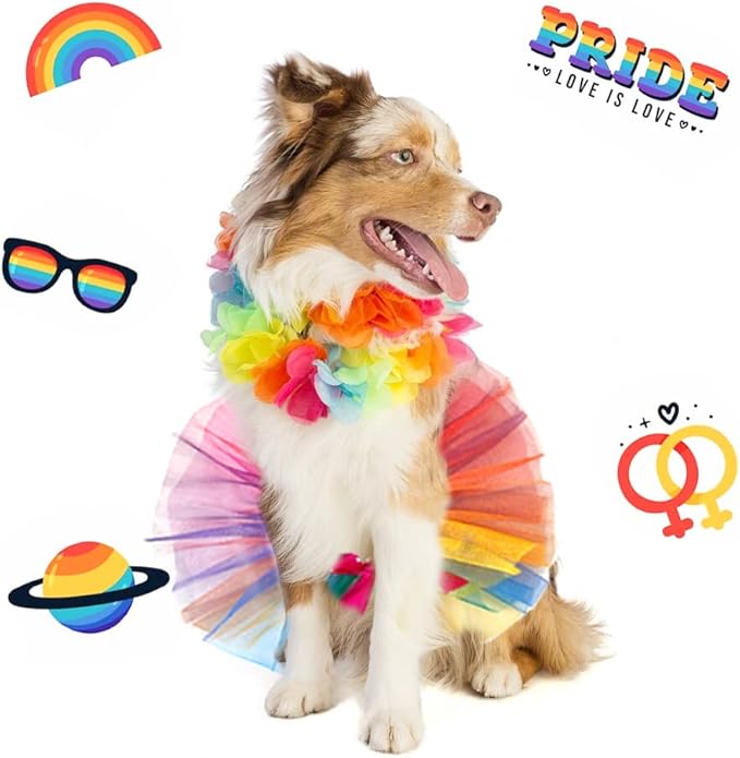 Threetols Rainbow Dog Costume Christmas Pride Princess Dress Cat Costumes, Rainbow Tutu for Small Medium Cats Dogs, Fancy Rainbow Multicolor Pet Collar for Dog Cat Birthday Party Pride Accessories(S)