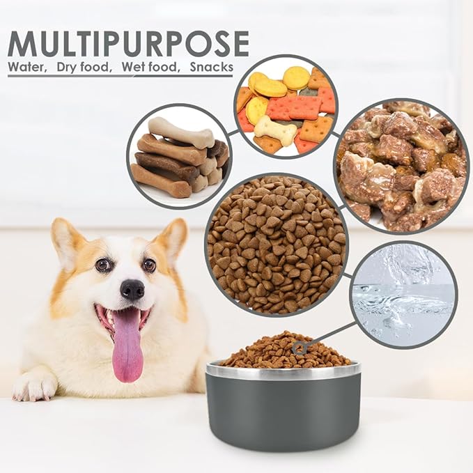 IKITCHEN Dog Bowl for Food and Water, 40 Oz Stainless Steel Pet Feeding Bowl, Durable Non-Skid Insulated Heavy Duty with Rubber Bottom for Medium Large Sized Dogs (40 Ounces/5 Cup, Grey)