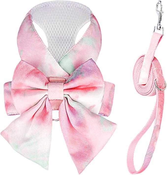 PETCARE Cute Bow Tie Dog Harness and Leash Set Elegant Rainbow Gradient Puppy Harness No Pull Soft Mesh Pet Cat Dog Vest Harnesses for Small Dogs Cats, Pink