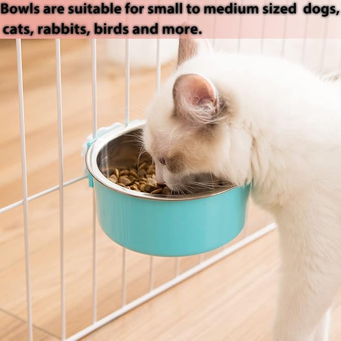2 Pieces Crate Dog Bowl, Removable Stainless Steel Pet Kennel Hanging Food Water Feeder Bowl Cage Coop Cup for Puppy Medium Dog Cat Rabbit Ferret Bird (Blue,Red)