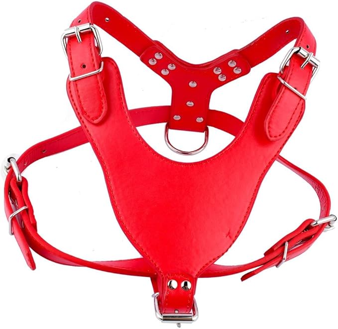 Leather Dog Harness Chest for 26"~34" Large Dogs Pitbull Mastiff Boxer Bully Black/Pink/Red/Gold Brown/Leopard/Brown (Red)