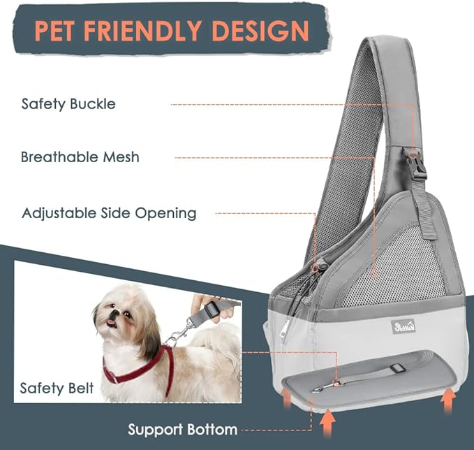 Lukovee Dog Slings for Small Dogs, Hard Bottom Support & Adjustable Soft Padded Shoudler Strap Dog Sling Carrier, Dog Purse with Button Closure & Zipper Pockets (for Pets up to 6 lbs, Grey)