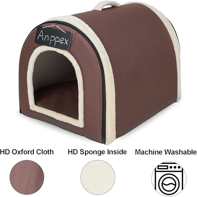 ANPPEX Medium Igloo Dog House Indoor,XL Size Dog Cave for Medium and Large Dogs,2-in-1 Washable Covered Dog Bed,Brown