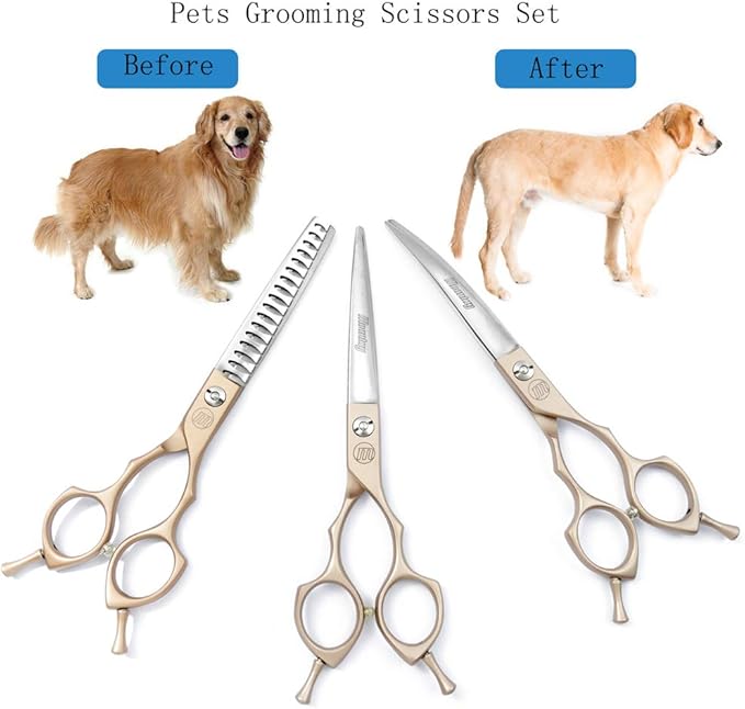 Moontay 6.5" Professional Pet Grooming Scissors Set, 3-pieces Dog Cat Grooming Straight & Curved & Chunker Shears/Scissors with 1 Grooming Comb, 440C Japanese Stainless Steel Grooming Scissor, Gold