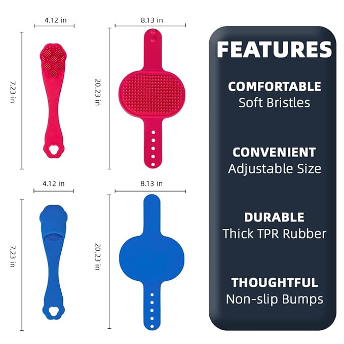 4PCS Dog Bath Brush | Scrubber for Bath | Shampoo Brush | Toothbrush | Finger Toothbrush | Dog Shower/Washing Brush with Adjustable Ring Handle - Pet Bath Supplies (Blue Red)