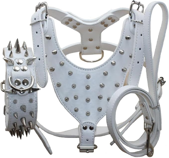 Leather Spiked Studded Harnesses, Collars & Leashes 3Pcs Matching Set for Medium & Large Dogs Pitbull,Mastiff, Boxer, Bull Terrier (White1, L)