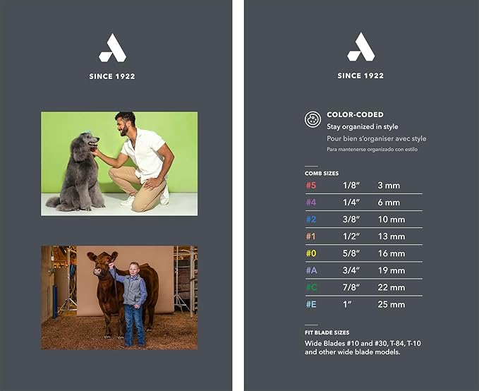 Andis 561475 Premium Clip Animal Comb Set – Built with Plastic, Includes 8 Color Coded Combs of Different Sizes, Attach Comb, All Coat Types, Multicolor