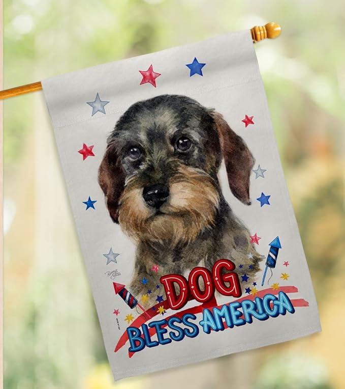 Breeze Decor Patriotic Wire Haired Dachshund Garden House Flag-Kit Dog Puppy Spoiled Paw Canine Fur Pet Nature Farm Animal Creature Decoration Banner Small Yard Gift Double-Sided, Made in USA