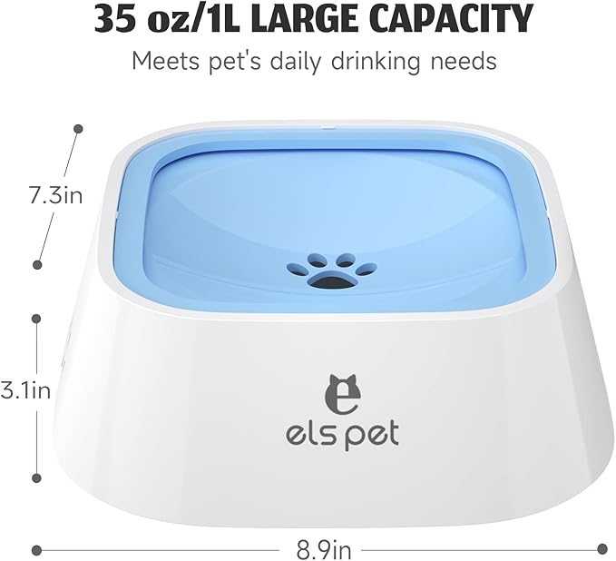 ELS PET No Spill Dog & Cat Bowl - 70oz/2L Large Capacity Travel Water Dispenser (Blue, 35oz)