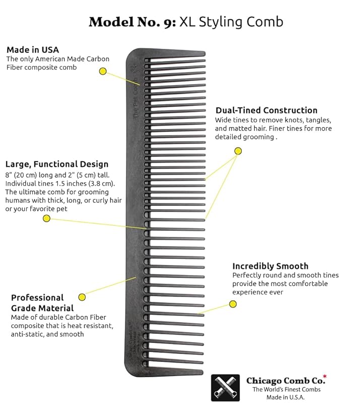 Chicago Comb No. 9 Pet, the XL Comb for Man or Beast, Carbon Fiber, Made in USA