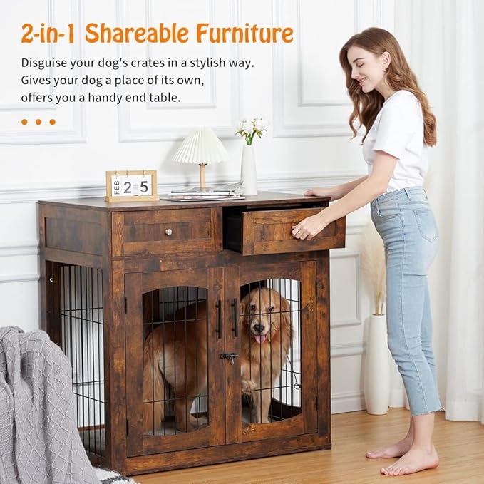 Dog Crate Furniture with Storage Drawers,39.4" Wooden Dog Crate Table with 2 Drawers,Indoor Dog Kennel with Cushion,Dog House,Dog Cage,Side End Table Crate,Rustic brown