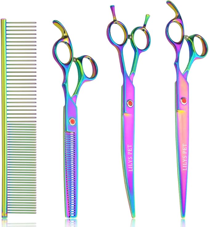 LILYS PET HIGH-END SERIES Japan 440C Stainless Steel Professional Pet Grooming Scissors Set,Rainbow Color,Cutting&Thinning&Two-way Curved shears Set (8.0")