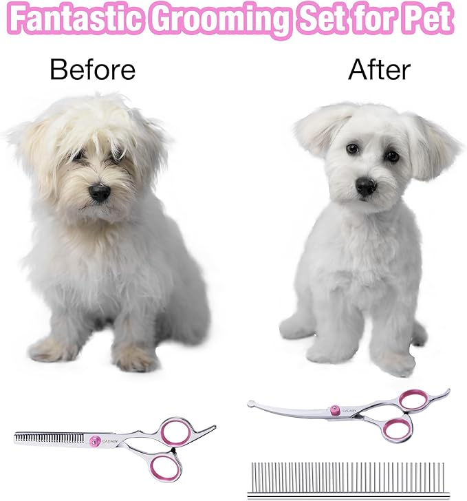 Dog Grooming Scissors Kit with Safety Round Tips, 3 in 1 Professional Dog Grooming Scissors, 4CR Stainless Steel Pet Grooming Shears for Dog, Cat,Sharp and Durable, Pink