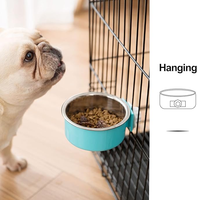 2 Pieces Crate Dog Bowl, Removable Stainless Steel Pet Kennel Hanging Food Water Feeder Bowl Cage Coop Cup for Puppy Medium Dog Cat Rabbit Ferret Bird (Blue,Red)