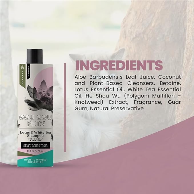 Holistic Natural Derived Lotus and White Tea Pet Shampoo: Veterinarian Recommended - Remove Dirt, Cleanse and Restore Your Dog, Cat or Horse Coat - Made in USA - 16 oz