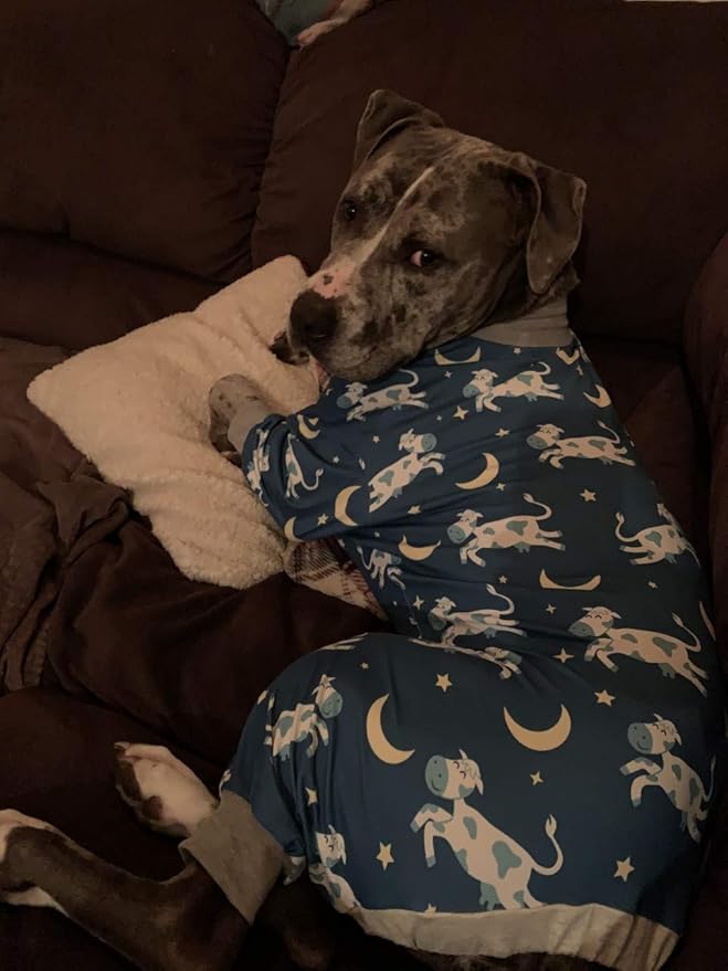 Tooth and Honey Pit Bull Pajamas/Cow Moon Star Print Dog Jumpsuit Onesie Full Coverage Lightweight Pullover Large Dog pjs