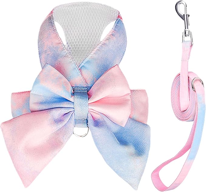PETCARE Cute Bow Tie Dog Harness and Leash Set Elegant Rainbow Gradient Puppy Harness No Pull Soft Mesh Pet Cat Dog Vest Harnesses for Small Dogs Cats, Blue