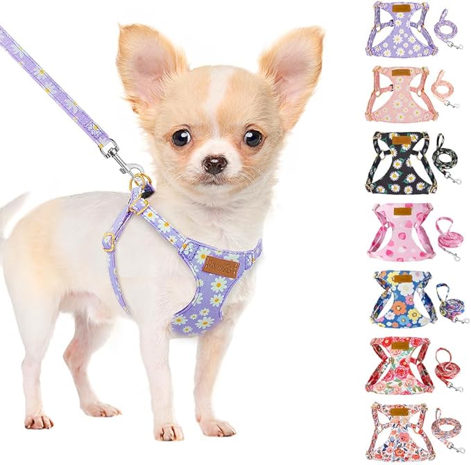 SlowTon No Pull Dog Harness with Leash - Soft Lightweight Floral Pattern Puppy Harness, Adjustable Pet Harness for Small Medium Dogs Doggie (Purple M)