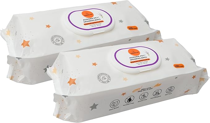 Aurora Pet Wipes – 100% Natural, Plant-Based Hypoallergenic Grooming Wipes for Dogs & Cats – Extra-Durable, Large & Thick for Effortless Cleaning (Lavender, 200 Count)