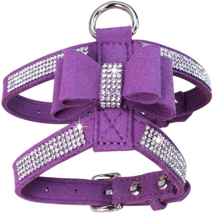 Weimostar Bow Tie Dog Harness Rhinestone Crystal Soft Bling Sparkly Diamond Jewel for XS Small Breed Girls Pet Cat Puppy Female Kitten Purple XS