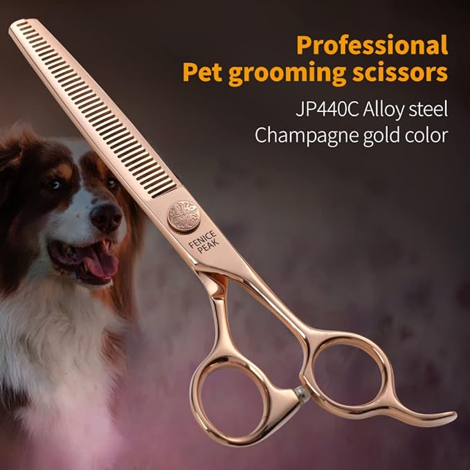 Fenice Peak Thinning Dog Grooming Scissors Champagne Gold 440C Stainless Steel Thinning Shears for Dogs and Cats 35% Thinning Rate