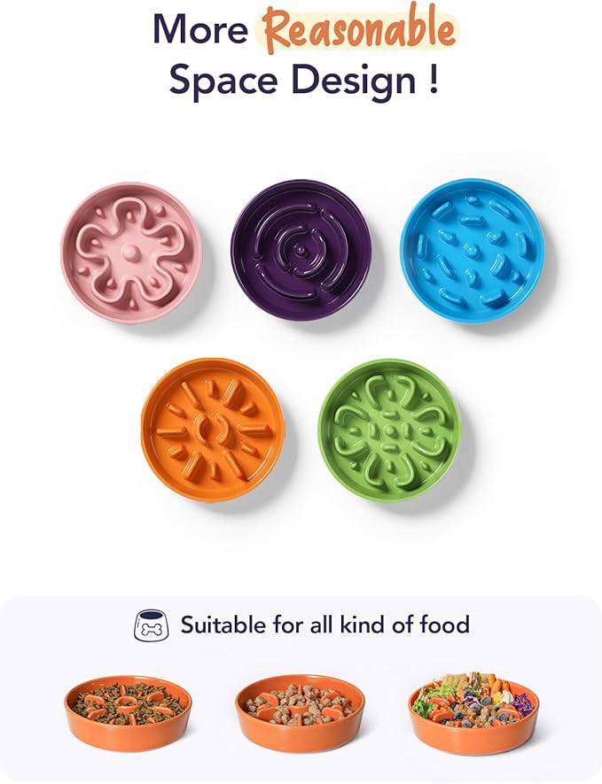 LE TAUCI Ceramic Slow Feeder Dog Bowls Elevated for Small and Medium Breed, Dog Bowls with Wooden Stand, 1.5 Cups Dog Dishes to Slow Down Eating, Anti-Gulping Pet Feeding Dishes, Sun Orange