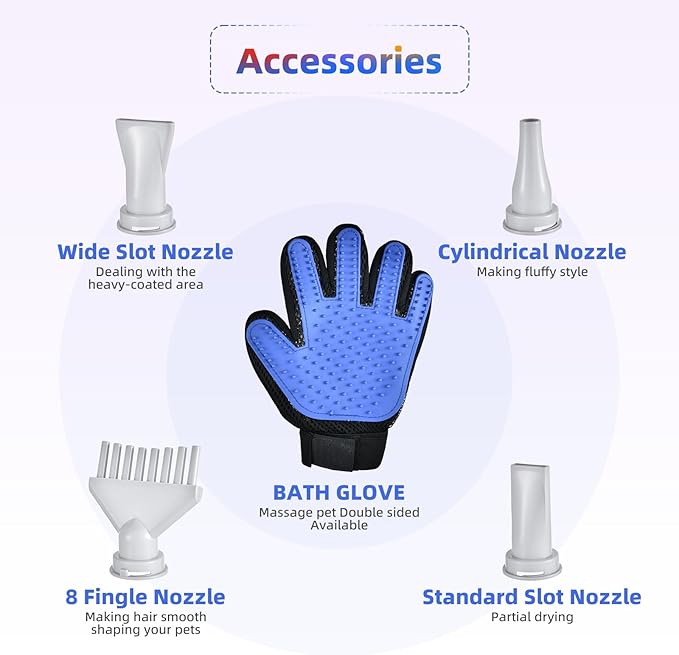 Entosun Dog Dryer, Pet Hair Dryer, 4.3hp/2800W Adjustable Speed and Temperature, High Velocity Dryer, Dog Blower Grooming Dryer with 4 Nozzles and Grooming Gloves (Pink)